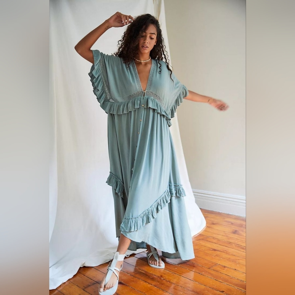 Free People Paradiso Maxi Dress Tiered Ruffled Detail V-Neck Oversized Blue XS